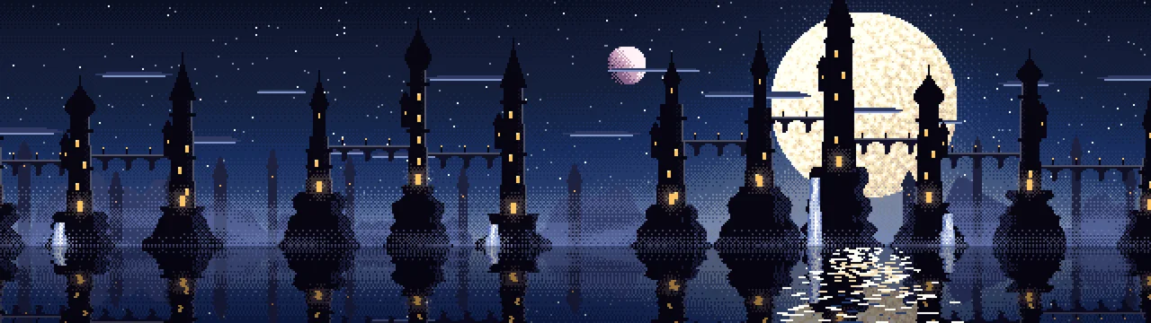 Navy Pixel Art Fantasy City dual monitor wallpaper, 7680 × 2160