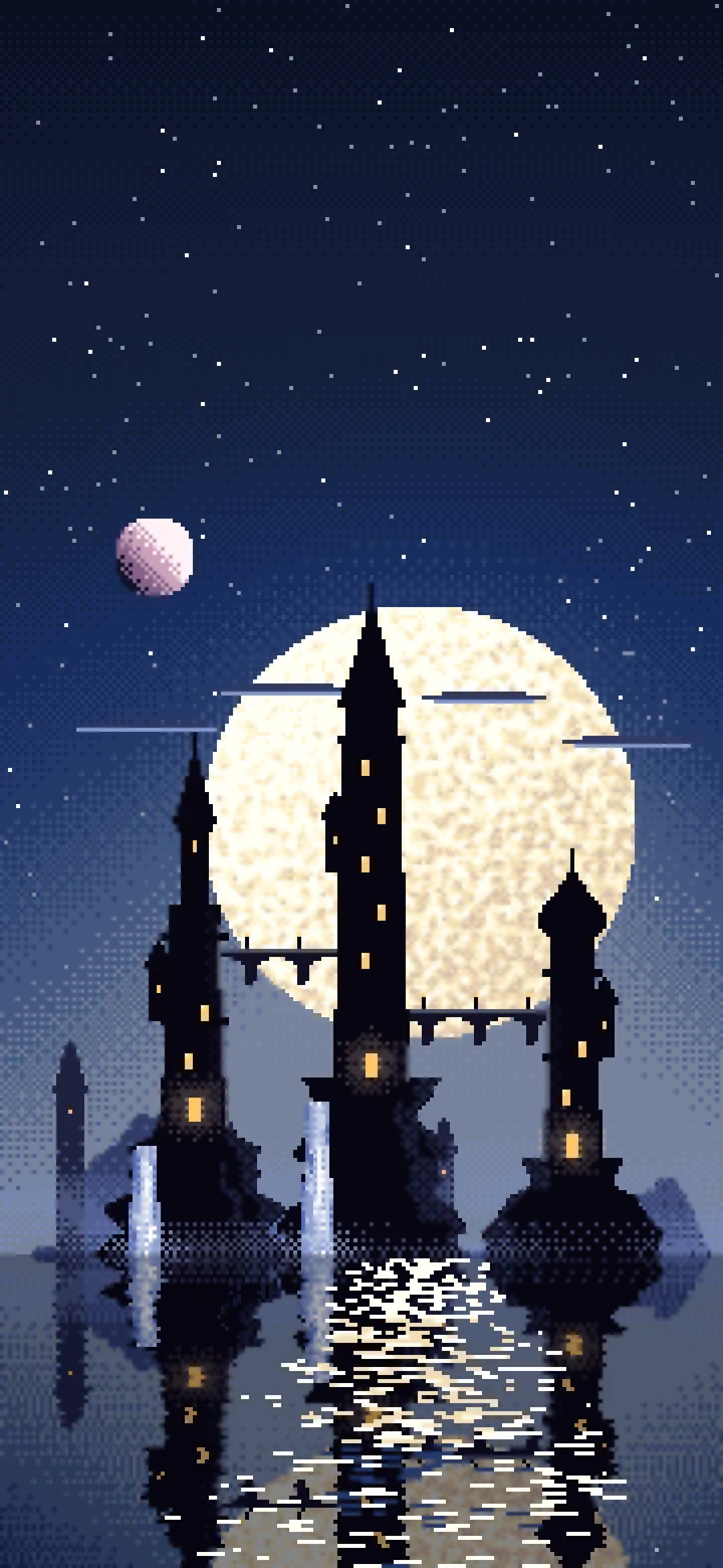 Navy Pixel Art Fantasy City wallpaper for iPhone and Android