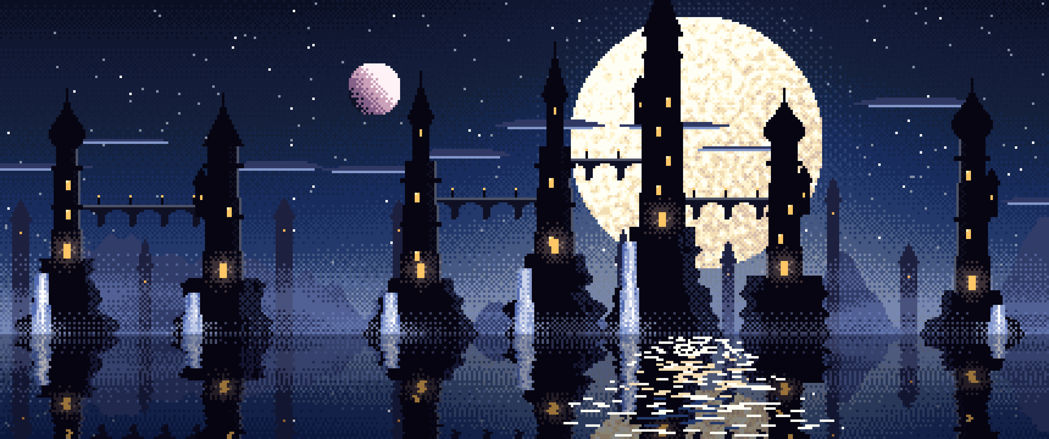 Navy Pixel Art Fantasy City ultrawide wallpaper, 3440 × 1440