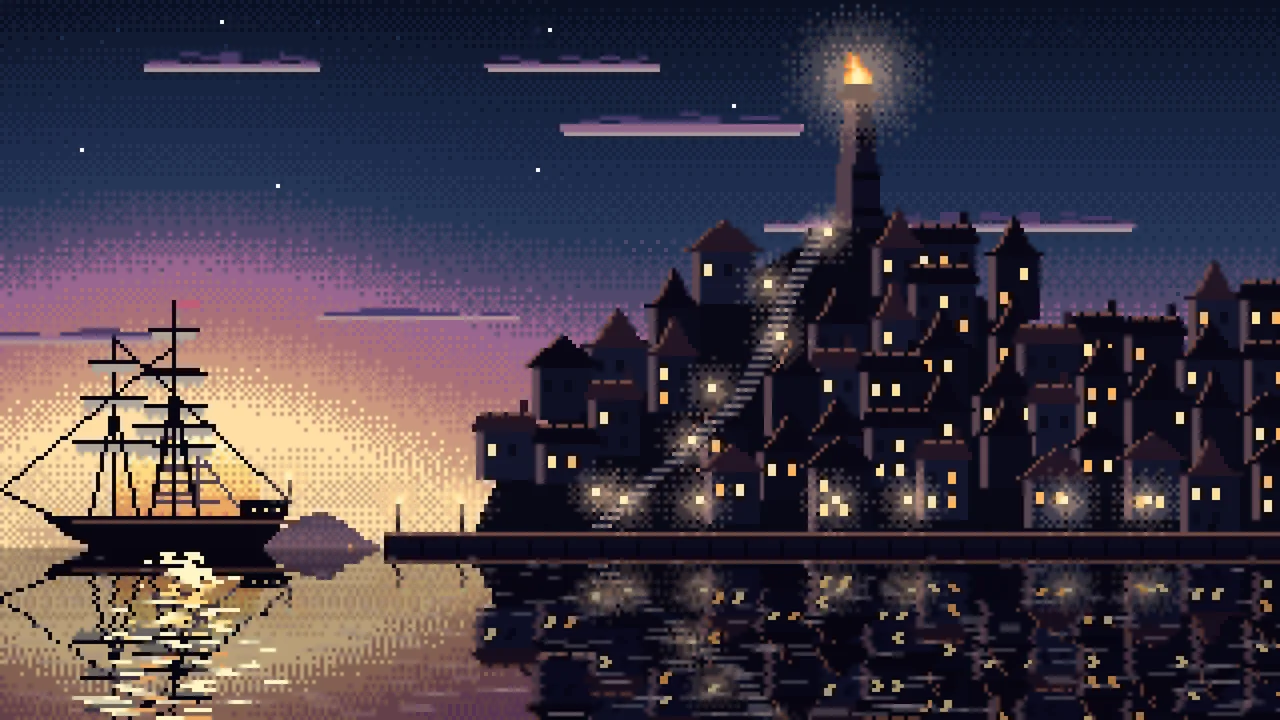 Navy Pixel Art Fantasy Harbor Town at Dusk desktop wallpaper in 4K