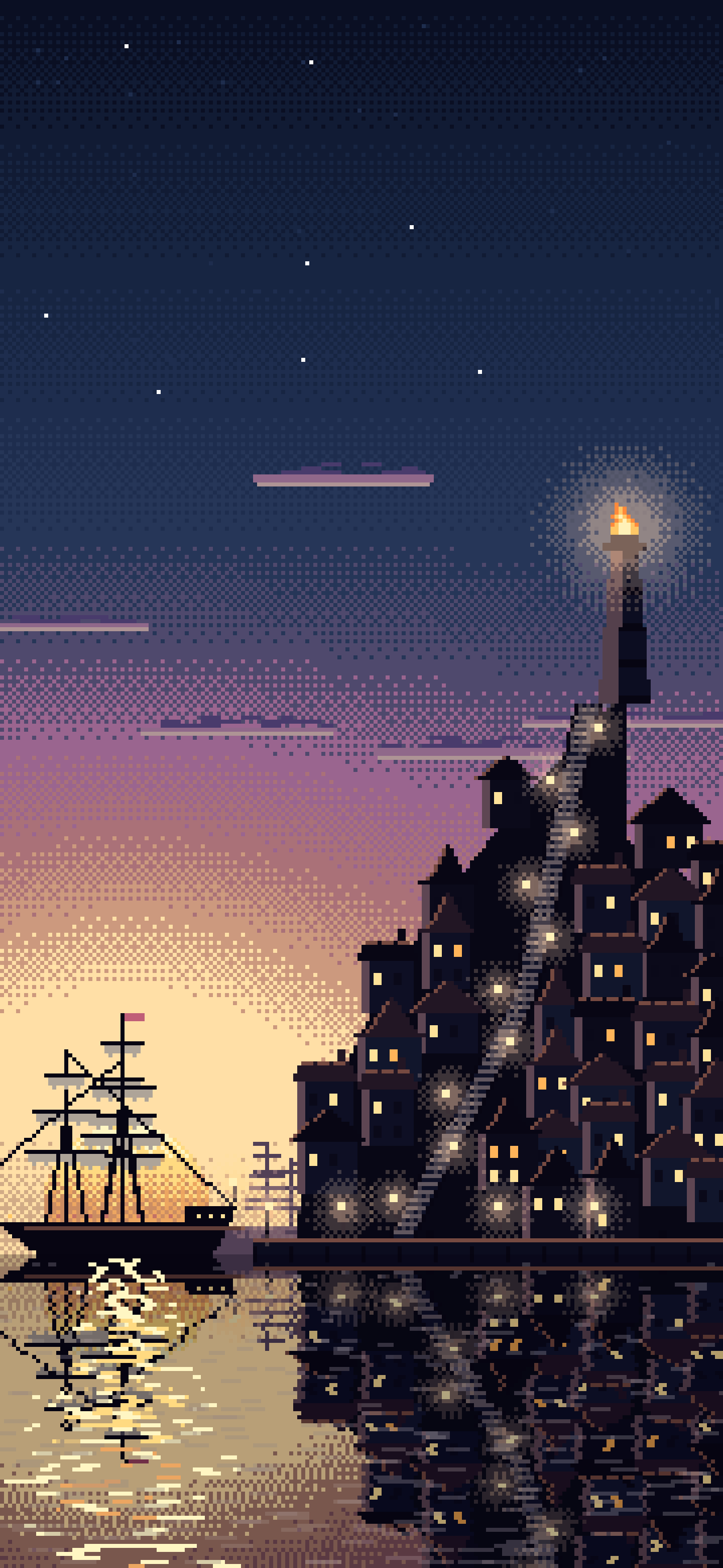 Navy Pixel Art Fantasy Harbor Town at Dusk wallpaper for iPhone and Android