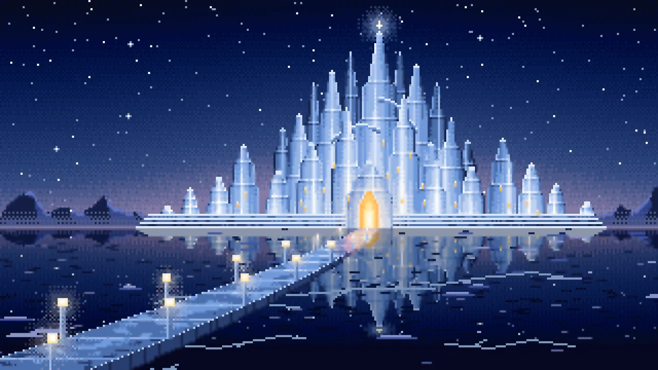 Navy Pixel Art Fantasy Ice Palace desktop wallpaper in 4K
