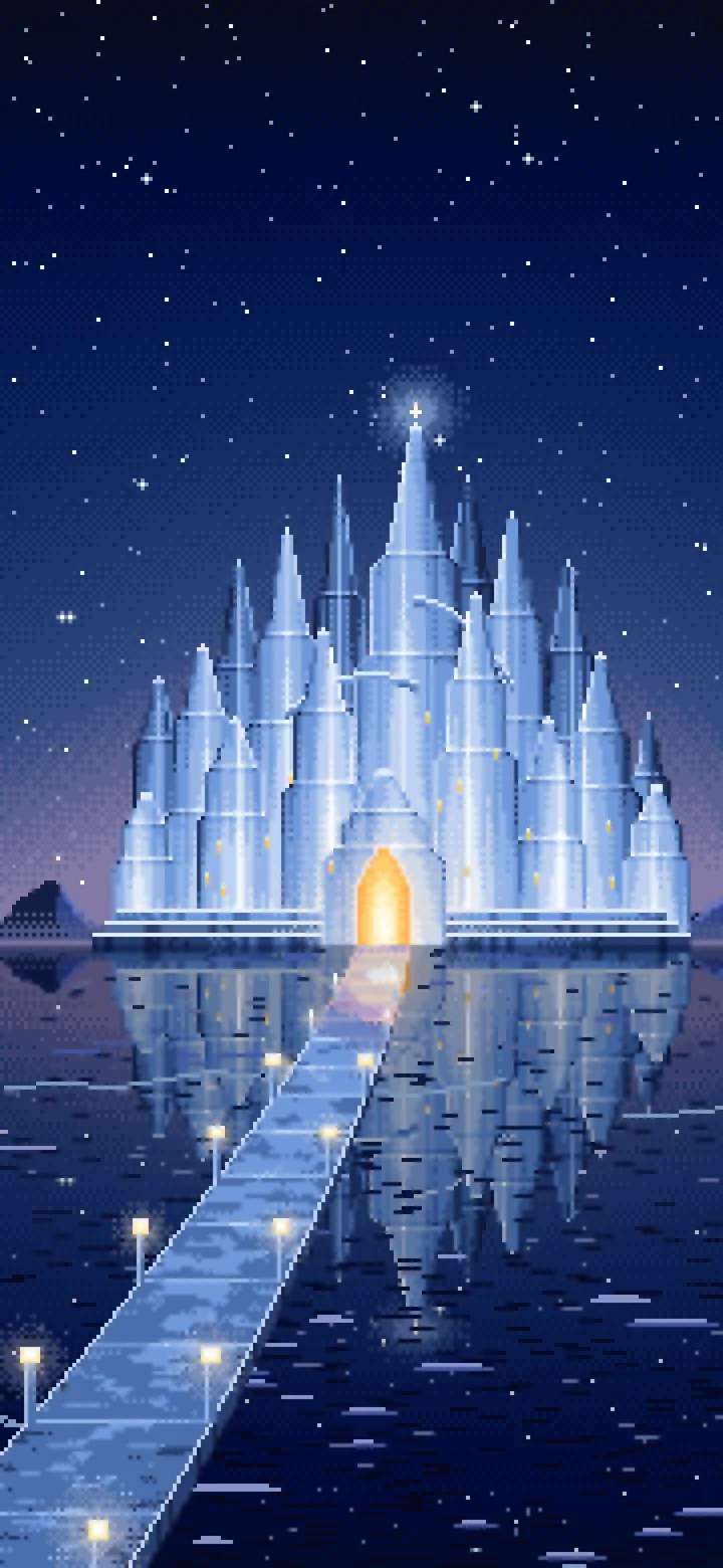 Navy Pixel Art Fantasy Ice Palace wallpaper for iPhone and Android