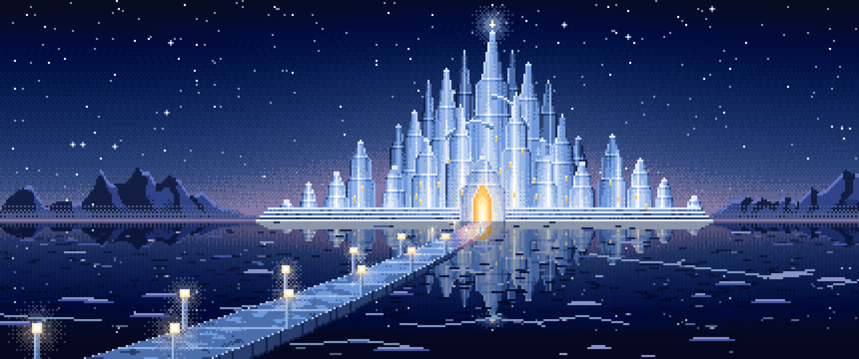 Navy Pixel Art Fantasy Ice Palace ultrawide wallpaper, 3440 × 1440