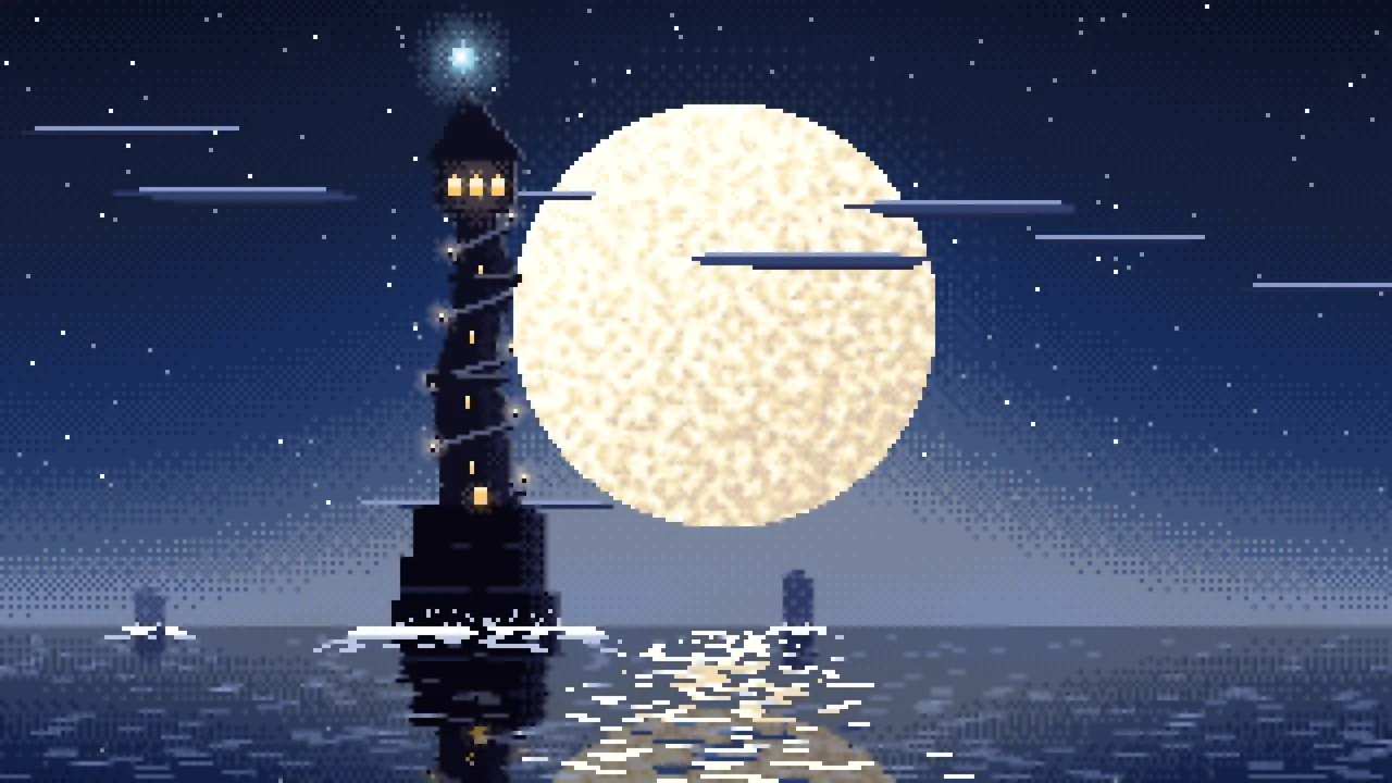Navy Pixel Art Fantasy Wizard Tower at Night desktop wallpaper in 4K