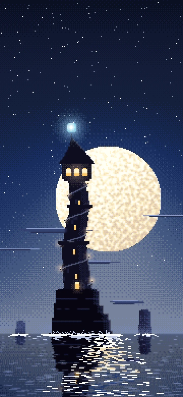 Navy Pixel Art Fantasy Wizard Tower at Night wallpaper for iPhone and Android