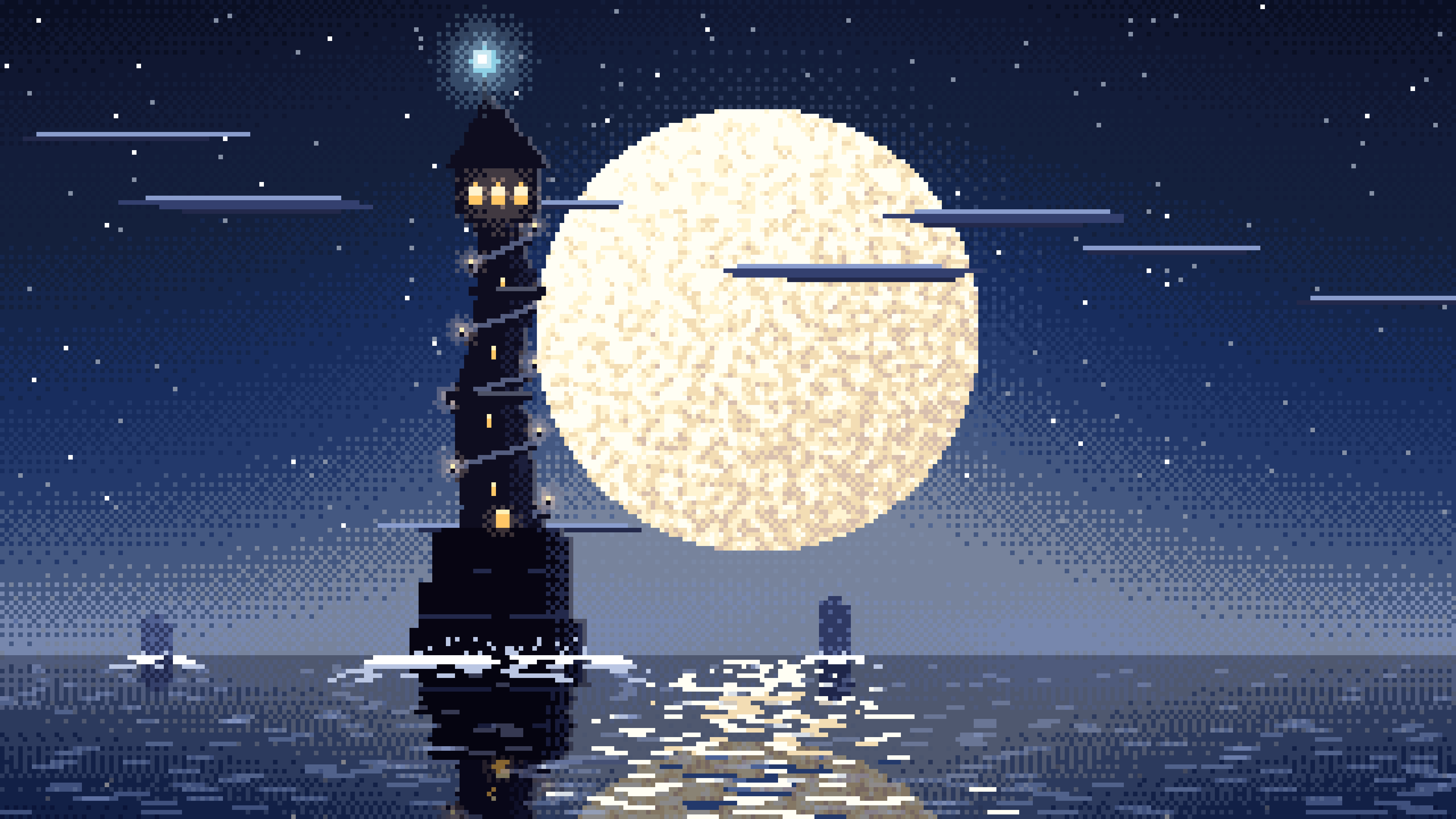 Navy Pixel Art Fantasy Wizard Tower at Night desktop wallpaper in 4K