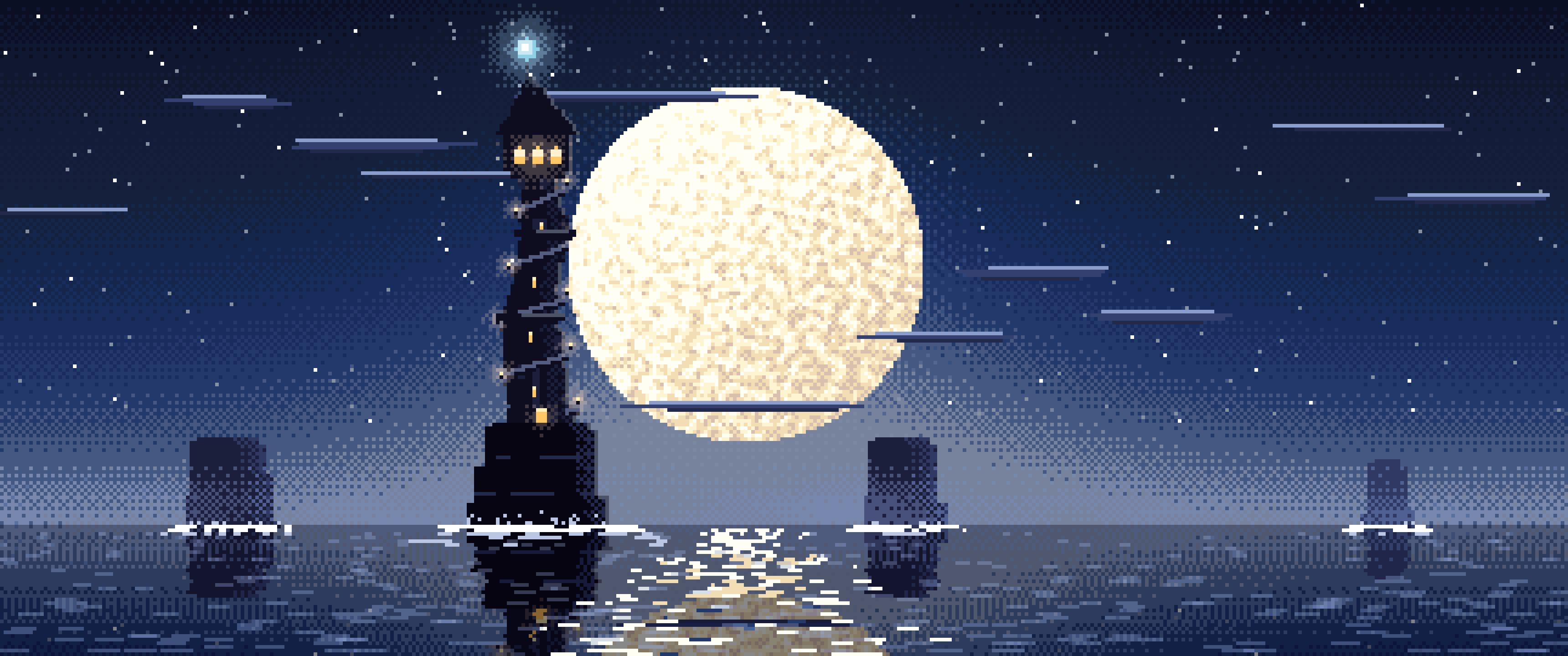 Navy Pixel Art Fantasy Wizard Tower at Night ultrawide wallpaper, 3440 × 1440