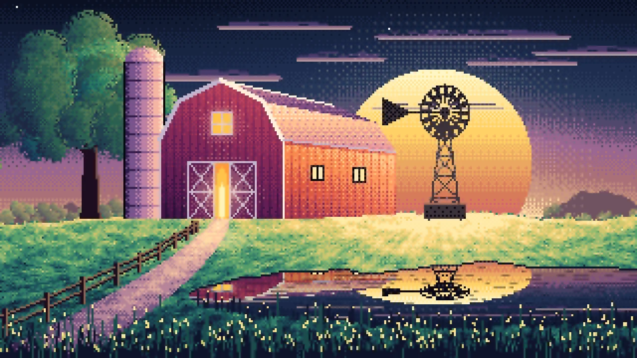 Navy Pixel Art Farm and Windmill at Sunset desktop wallpaper in 4K