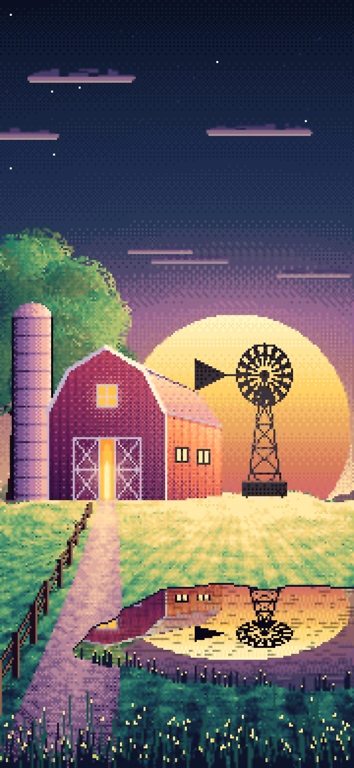 Navy Pixel Art Farm and Windmill at Sunset wallpaper for iPhone and Android