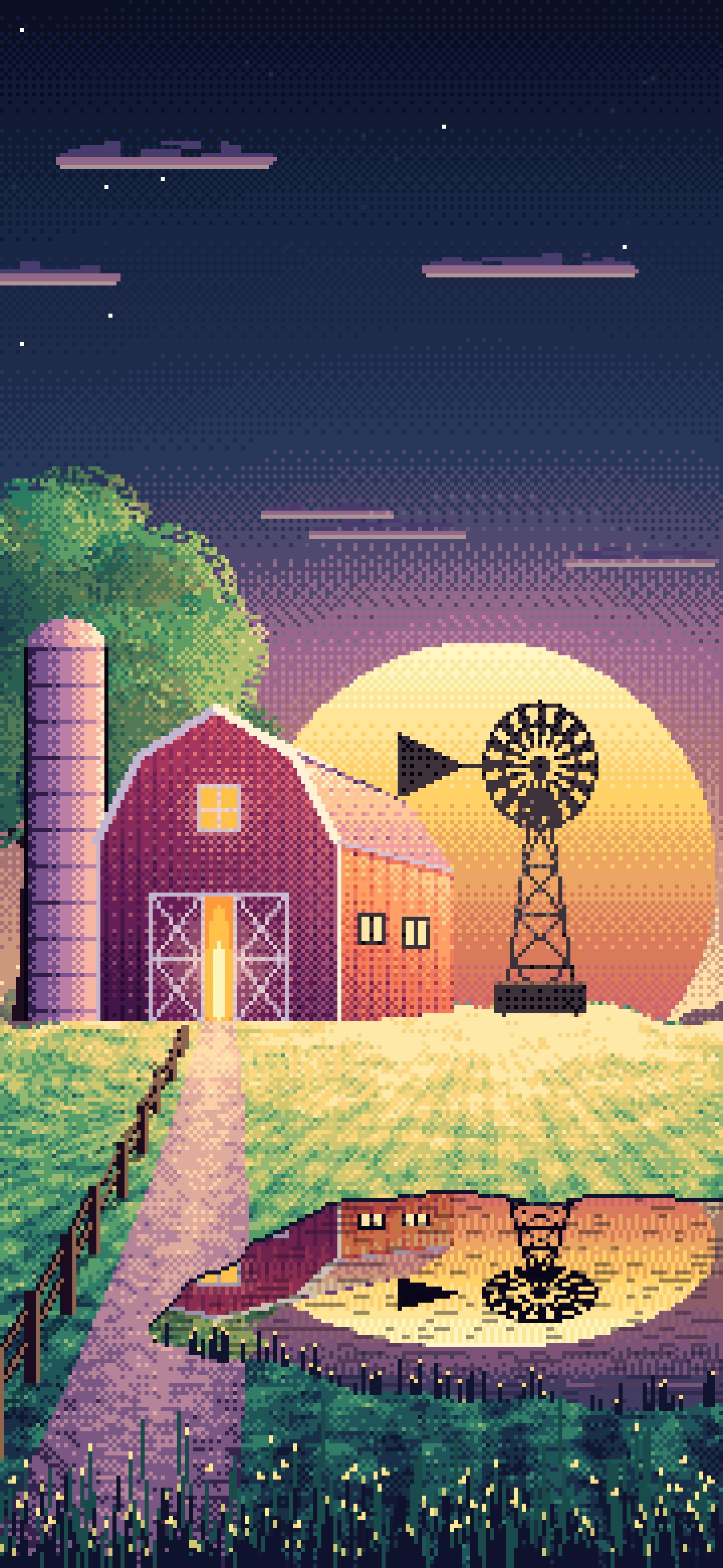 Navy Pixel Art Farm and Windmill at Sunset wallpaper for iPhone and Android