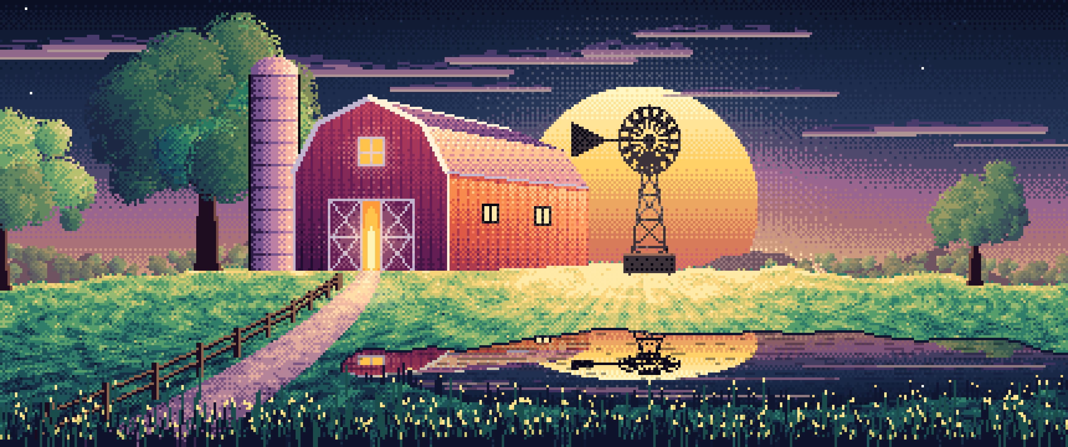 Navy Pixel Art Farm and Windmill at Sunset ultrawide wallpaper, 3440 × 1440