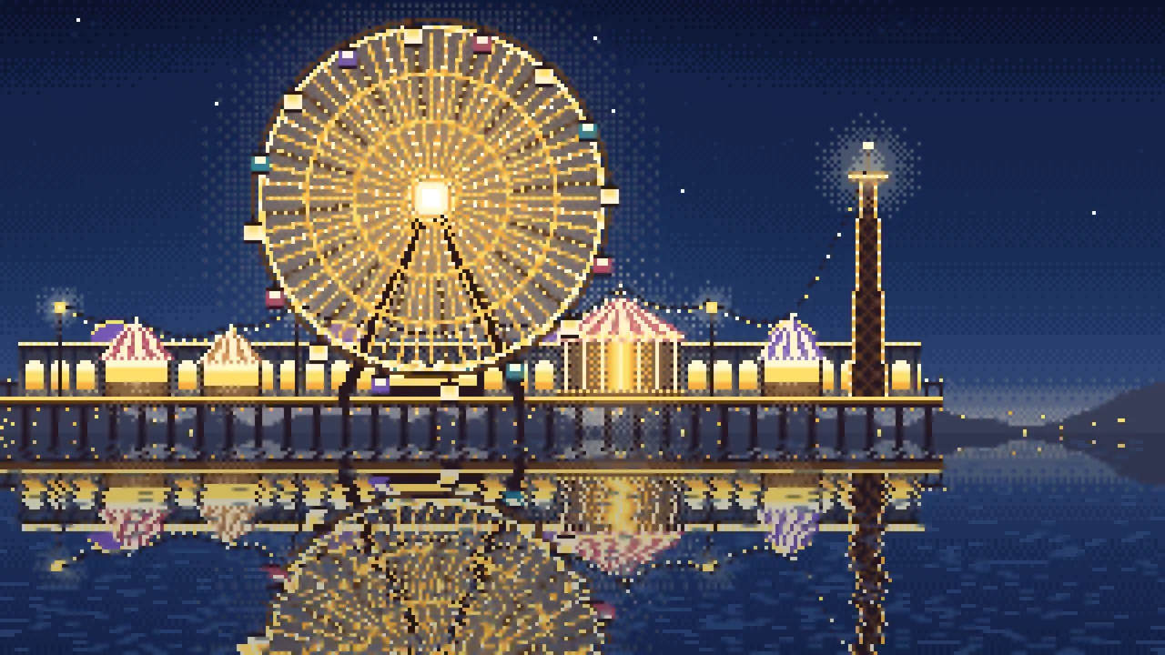 Navy Pixel Art Ferris Wheel Lights at Night desktop wallpaper in 4K
