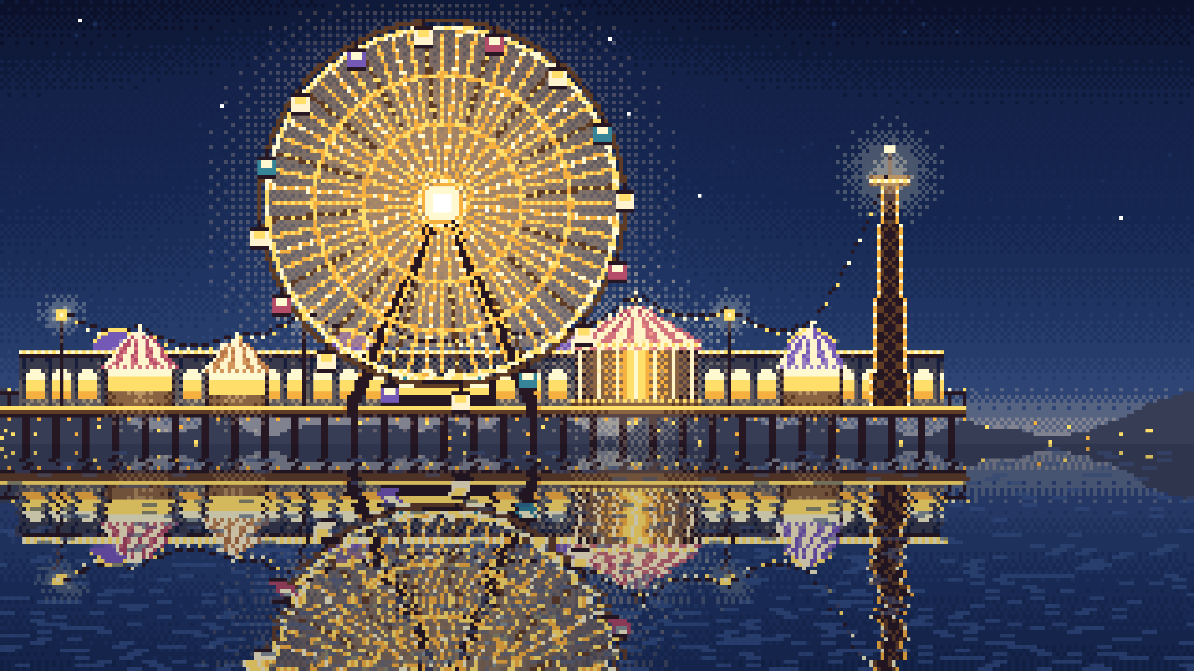 Navy Pixel Art Ferris Wheel Lights at Night desktop wallpaper in 4K