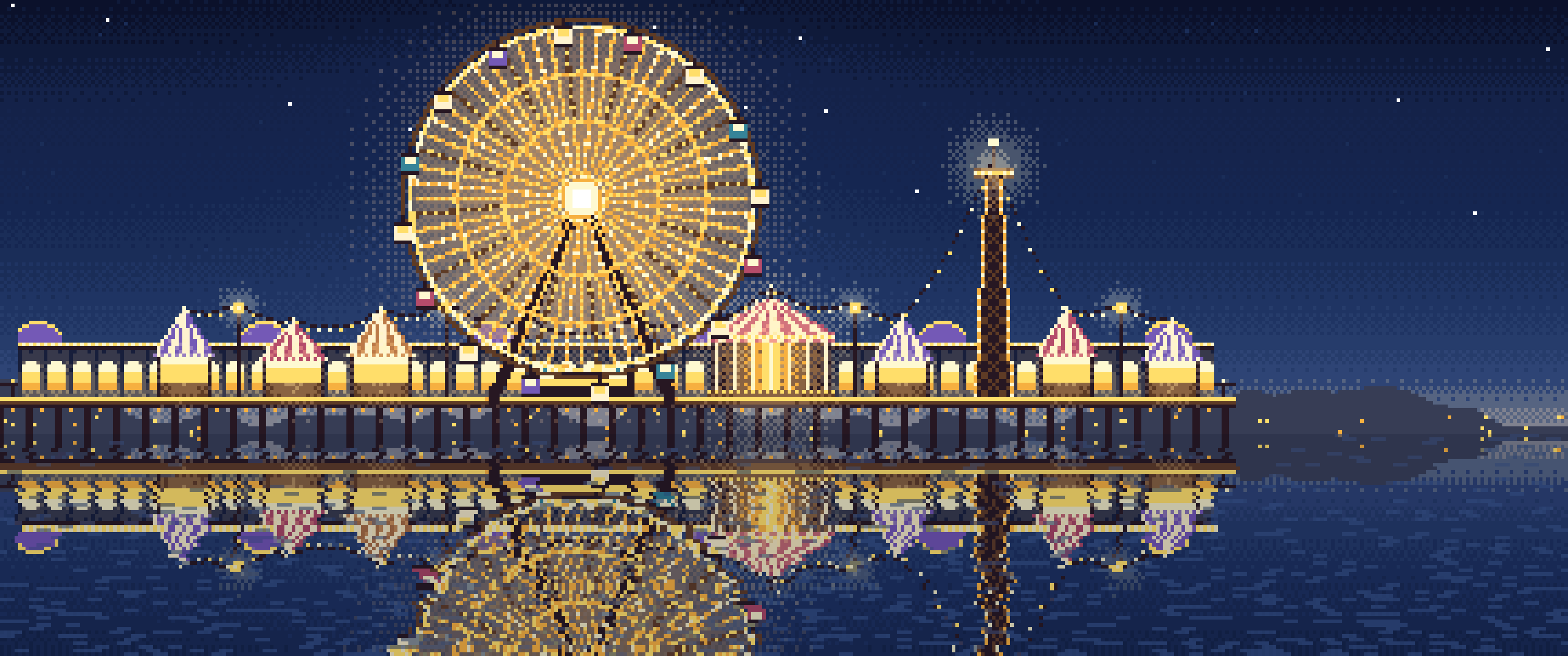 Navy Pixel Art Ferris Wheel Lights at Night ultrawide wallpaper, 3440 × 1440