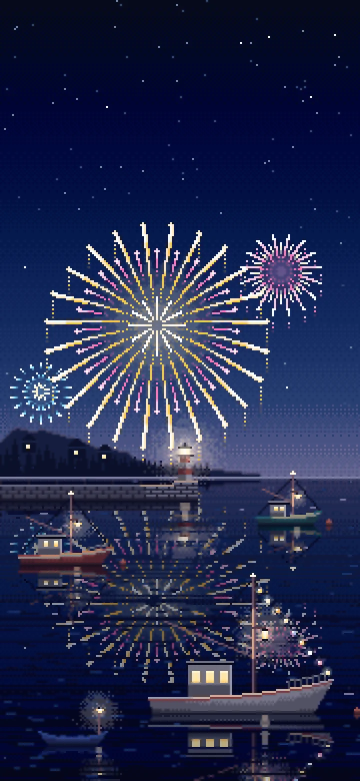 Navy Pixel Art Fireworks Over a Fishing Harbor wallpaper for iPhone and Android
