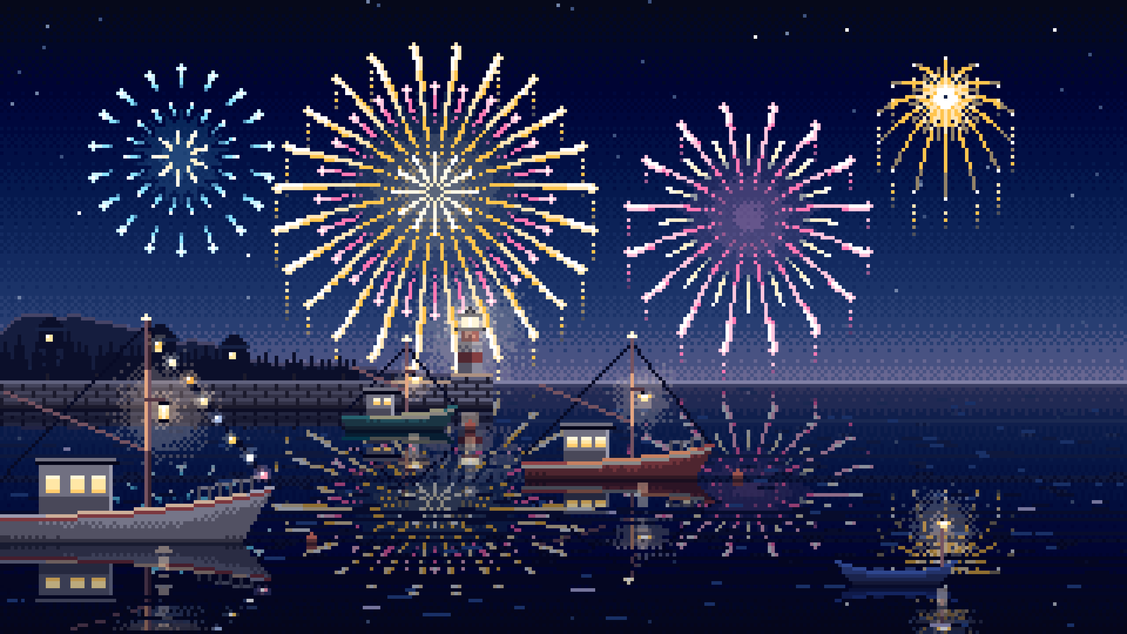 Navy Pixel Art Fireworks Over a Fishing Harbor desktop wallpaper in 4K