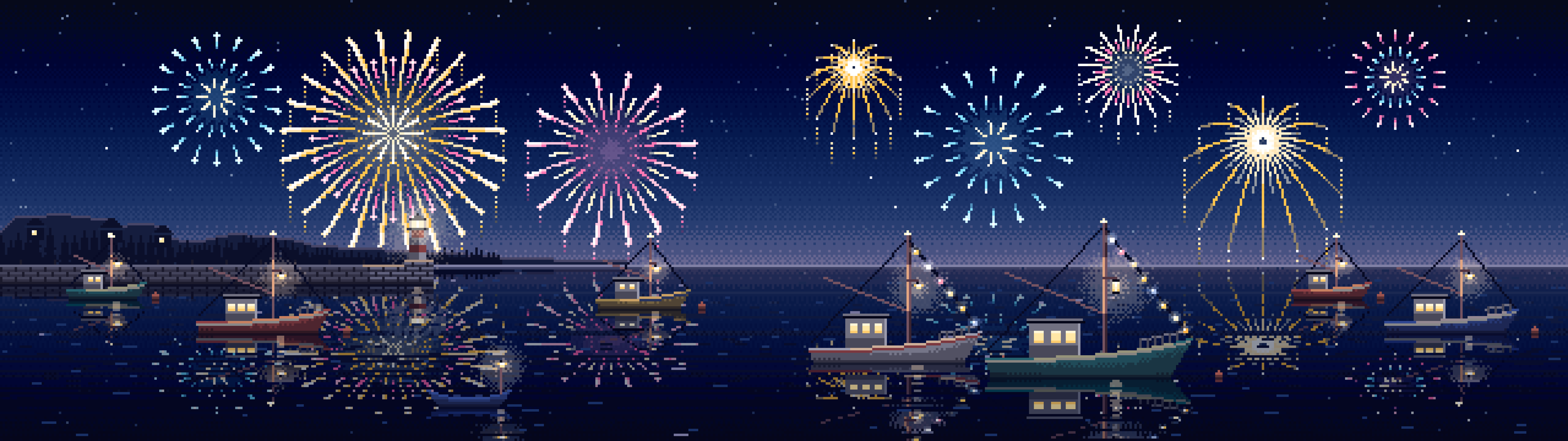 Navy Pixel Art Fireworks Over a Fishing Harbor dual monitor wallpaper, 7680 × 2160