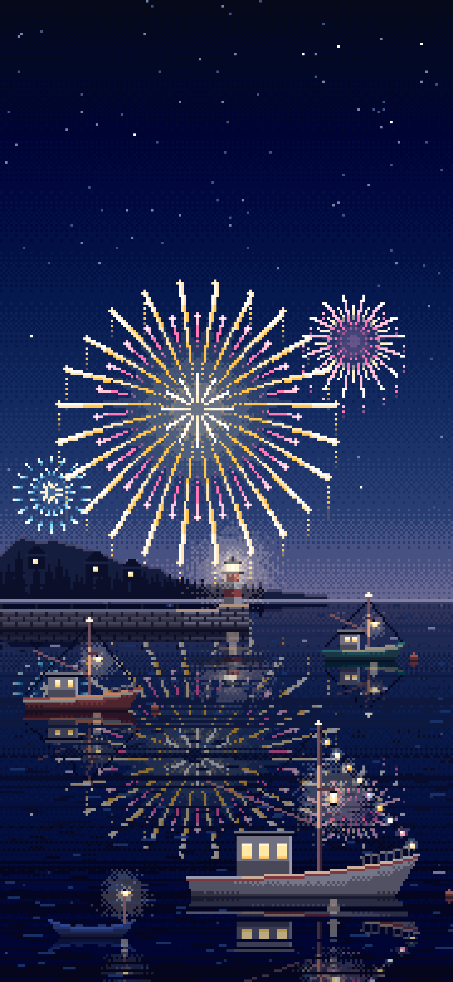 Navy Pixel Art Fireworks Over a Fishing Harbor wallpaper for iPhone and Android