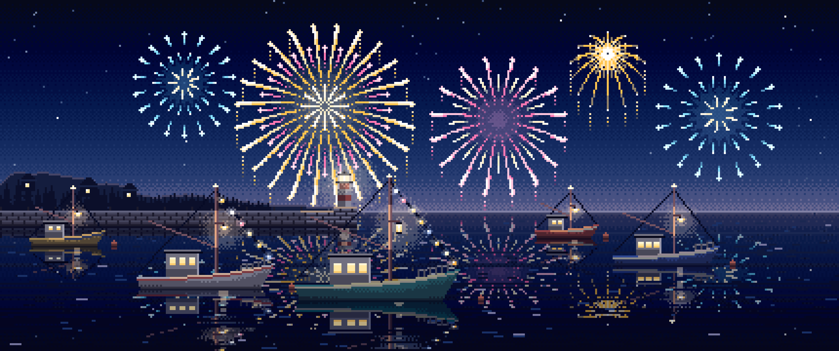 Navy Pixel Art Fireworks Over a Fishing Harbor ultrawide wallpaper, 3440 × 1440