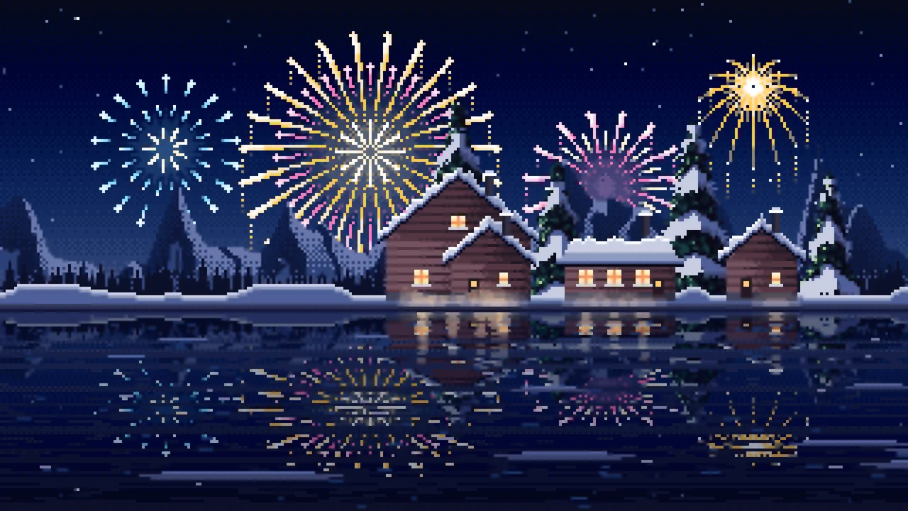 Navy Pixel Art Fireworks Over a Frozen Lake Village desktop wallpaper in 4K