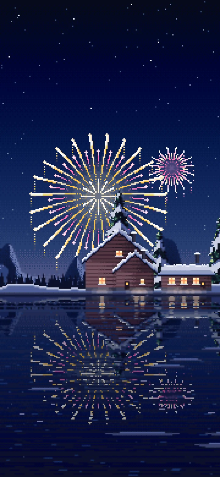 Navy Pixel Art Fireworks Over a Frozen Lake Village wallpaper for iPhone and Android