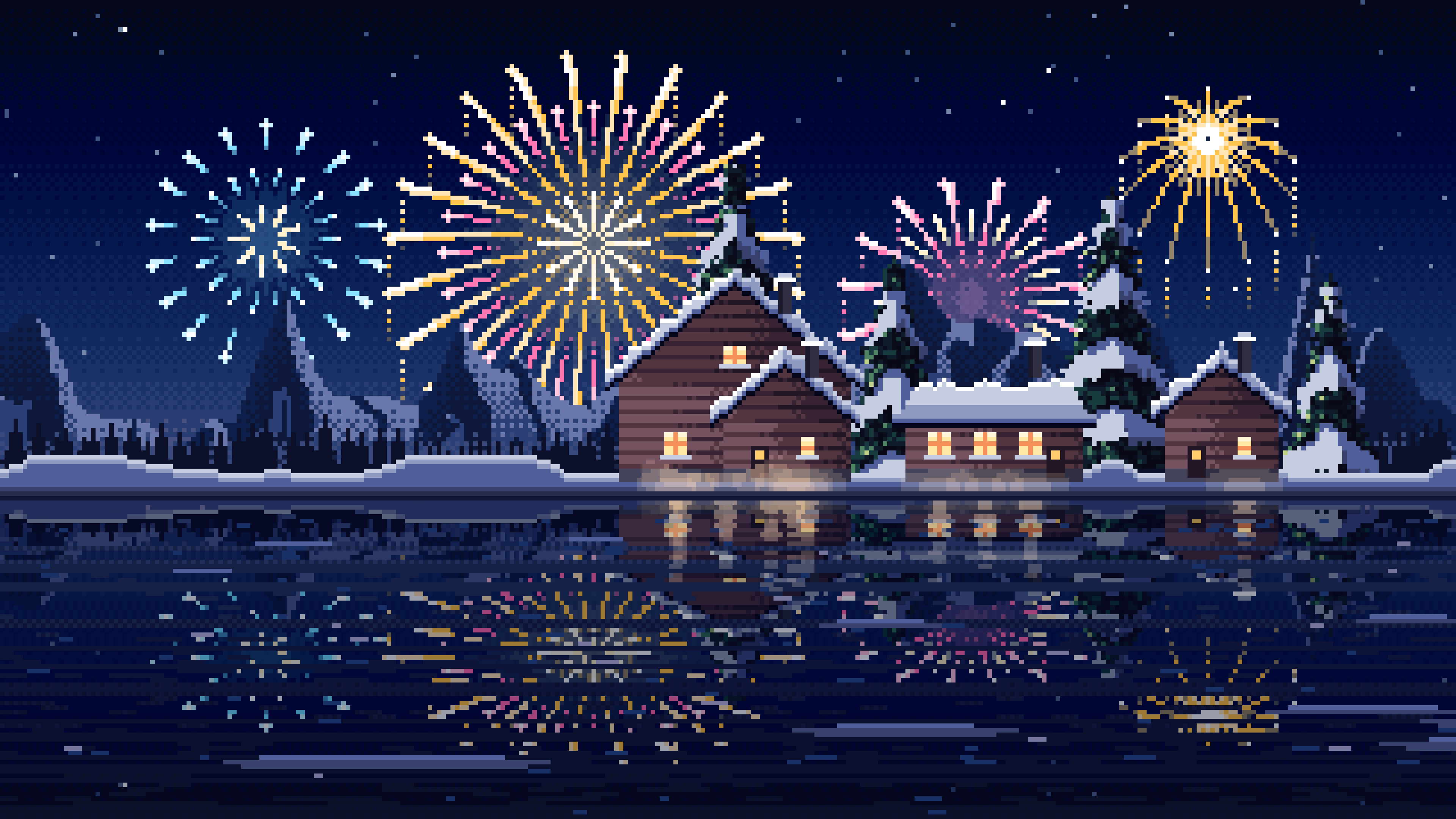 Navy Pixel Art Fireworks Over a Frozen Lake Village desktop wallpaper in 4K