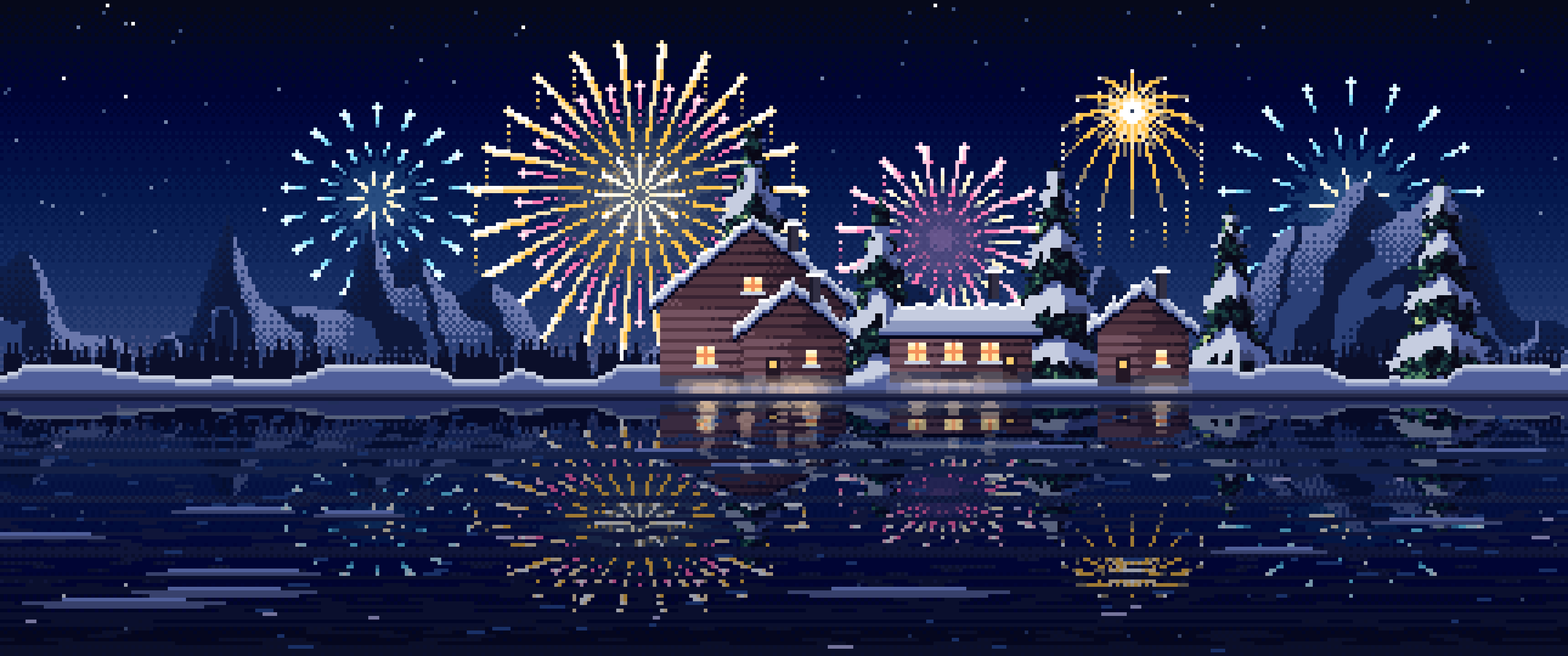 Navy Pixel Art Fireworks Over a Frozen Lake Village ultrawide wallpaper, 3440 × 1440