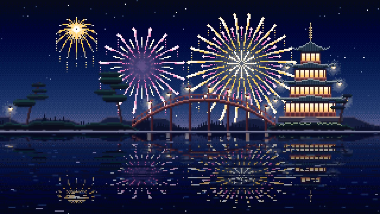 Navy Pixel Art Fireworks Over a Pagoda on a Lake desktop wallpaper in 4K