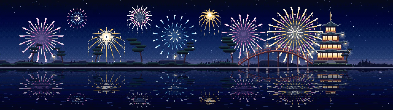 Navy Pixel Art Fireworks Over a Pagoda on a Lake dual monitor wallpaper, 7680 × 2160