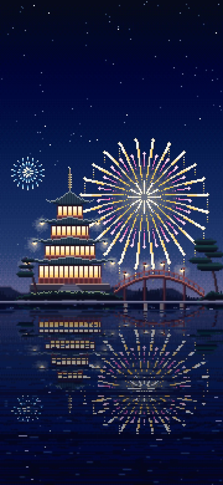 Navy Pixel Art Fireworks Over a Pagoda on a Lake wallpaper for iPhone and Android
