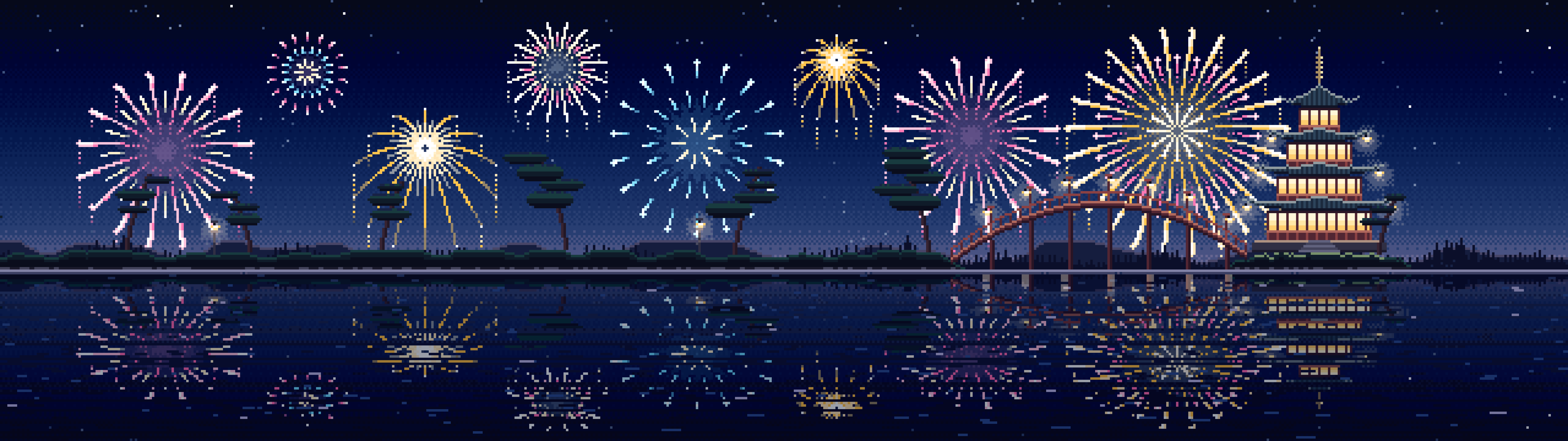 Navy Pixel Art Fireworks Over a Pagoda on a Lake dual monitor wallpaper, 7680 × 2160