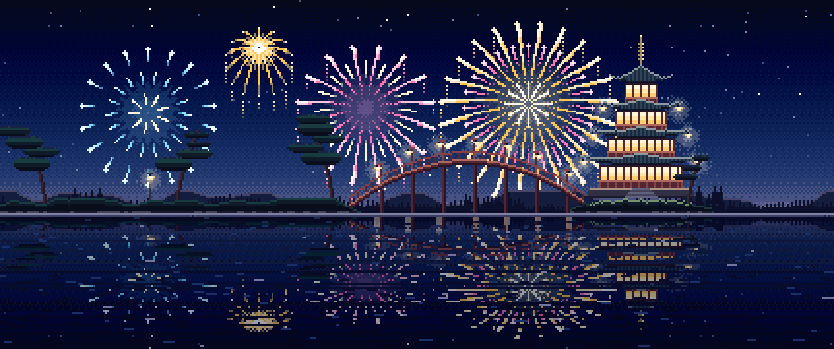 Navy Pixel Art Fireworks Over a Pagoda on a Lake ultrawide wallpaper, 3440 × 1440