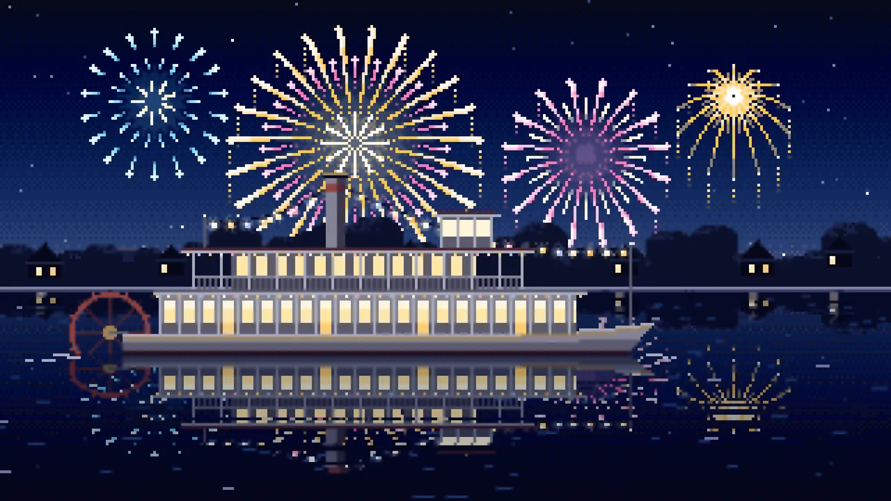 Navy Pixel Art Fireworks Over a Riverboat desktop wallpaper in 4K