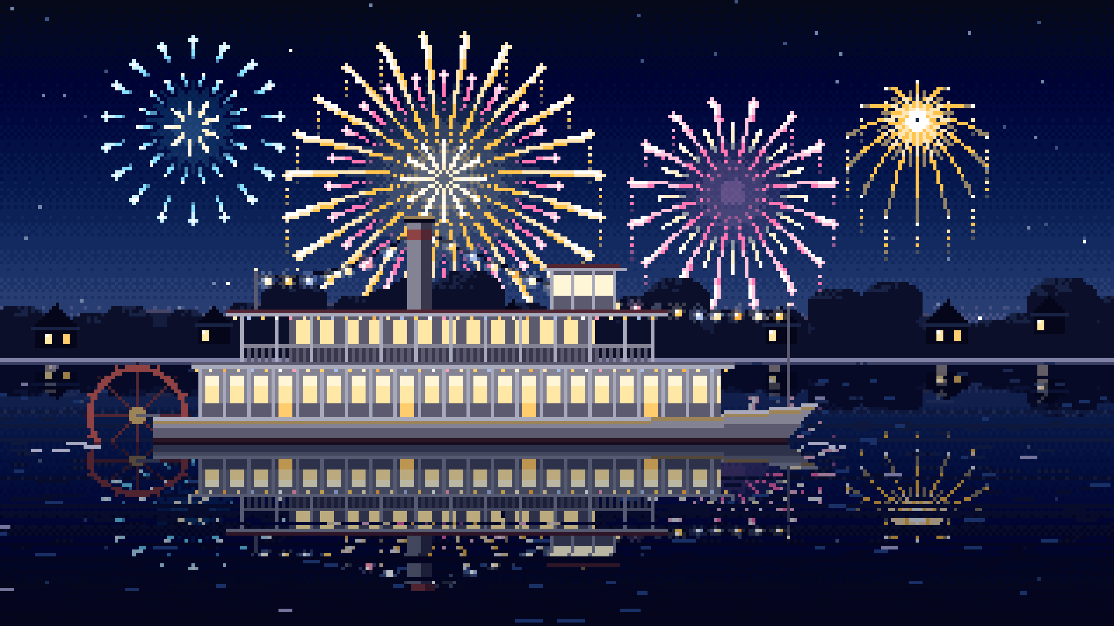Navy Pixel Art Fireworks Over a Riverboat desktop wallpaper in 4K