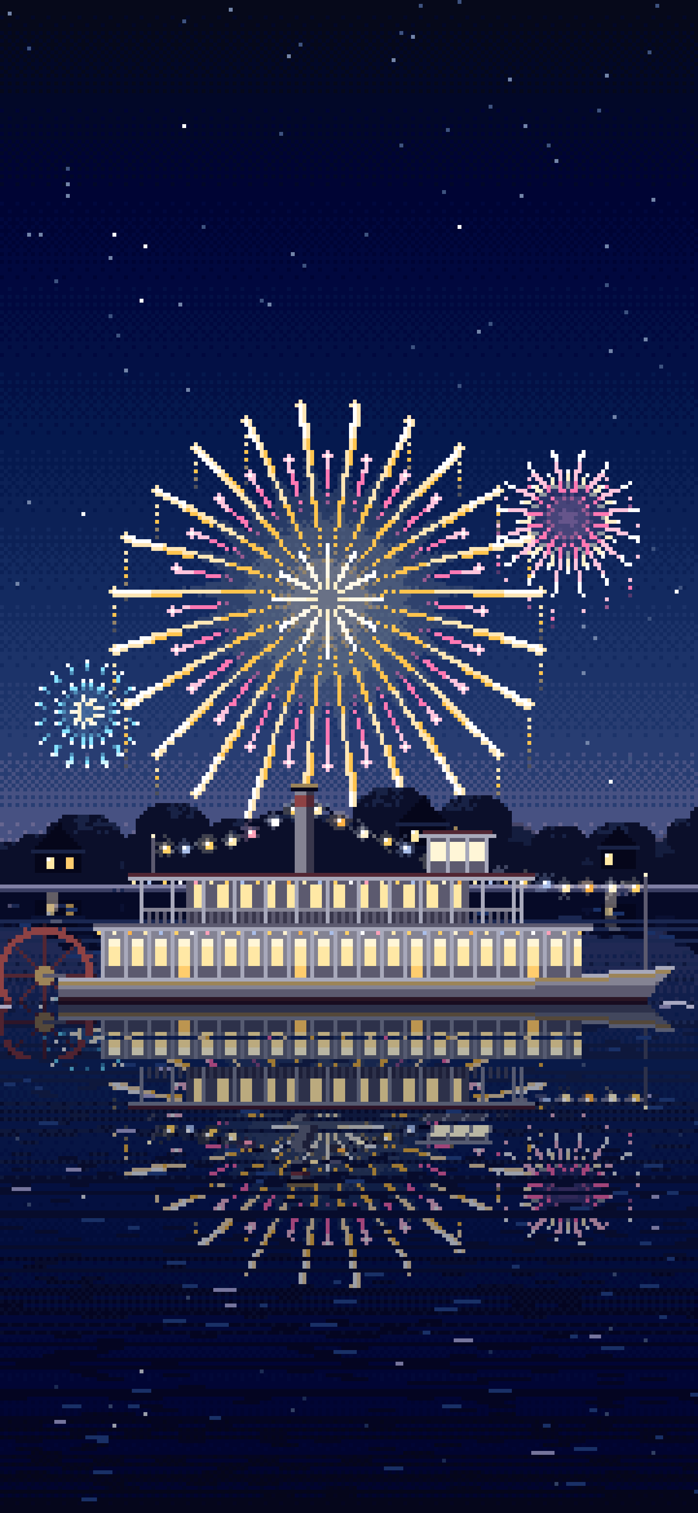 Navy Pixel Art Fireworks Over a Riverboat wallpaper for iPhone and Android