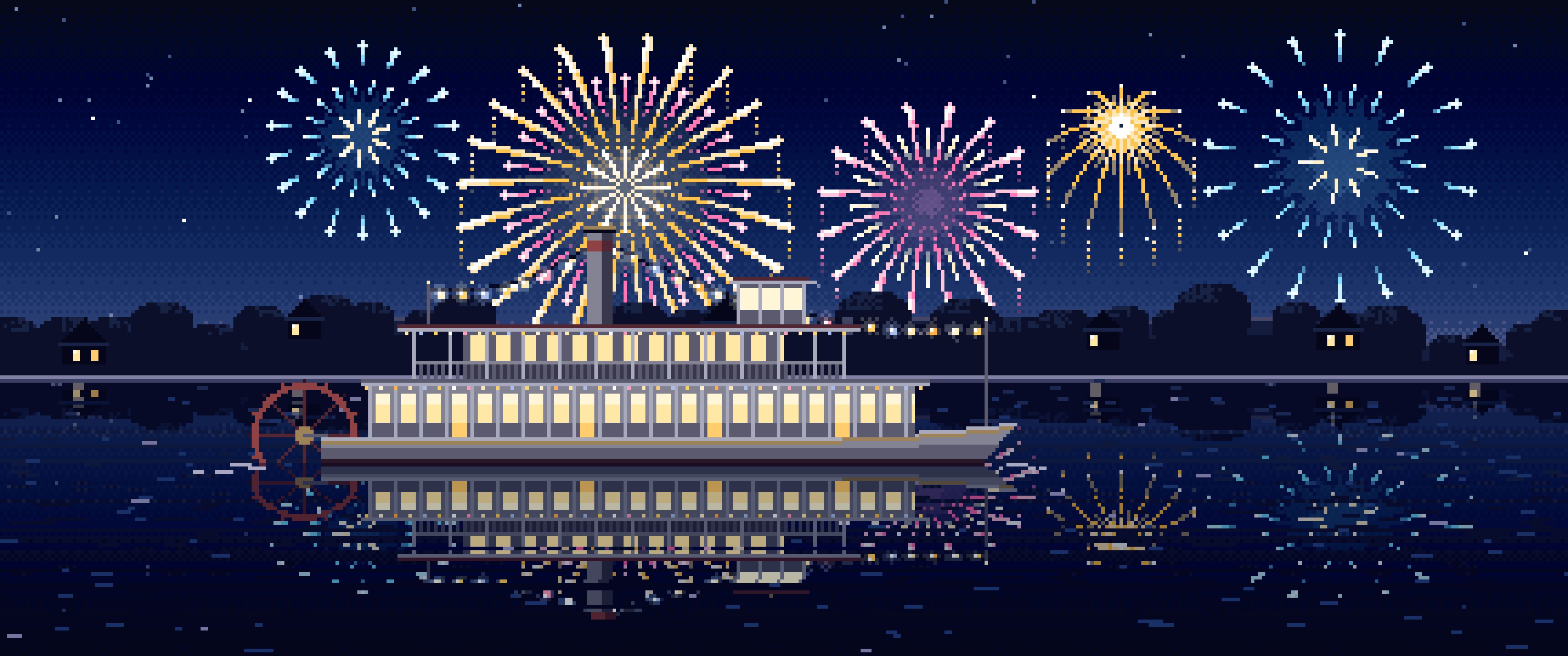 Navy Pixel Art Fireworks Over a Riverboat ultrawide wallpaper, 3440 × 1440