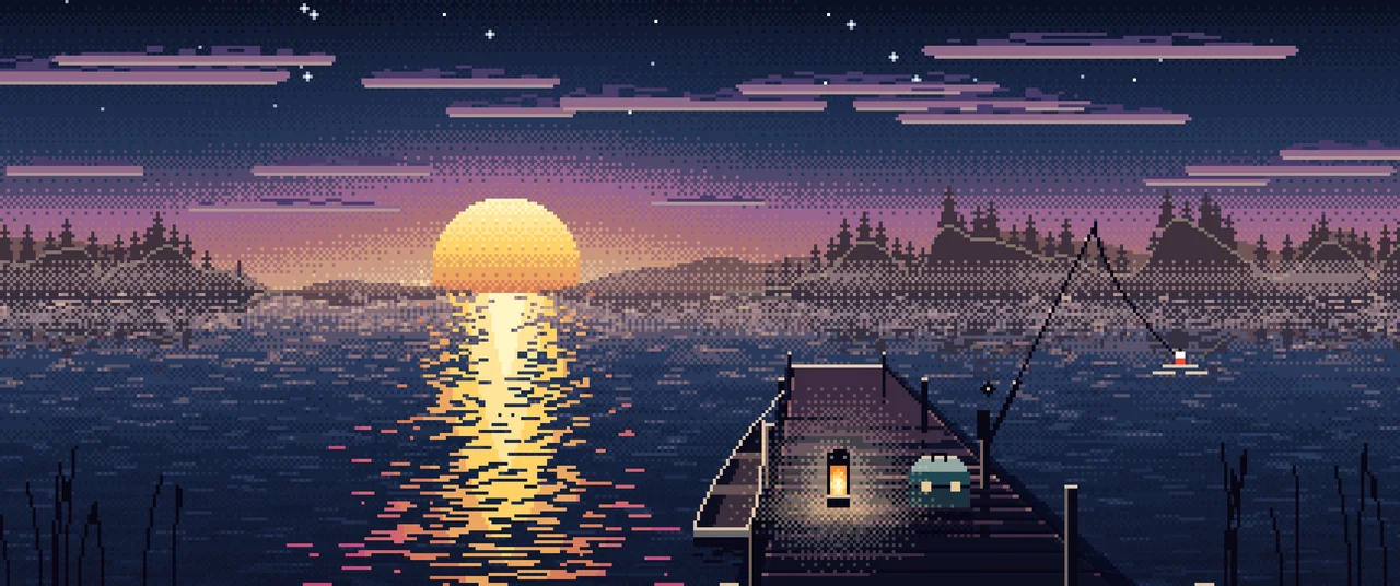 Navy Pixel Art Fishing Dock at Sunrise ultrawide wallpaper, 3440 × 1440