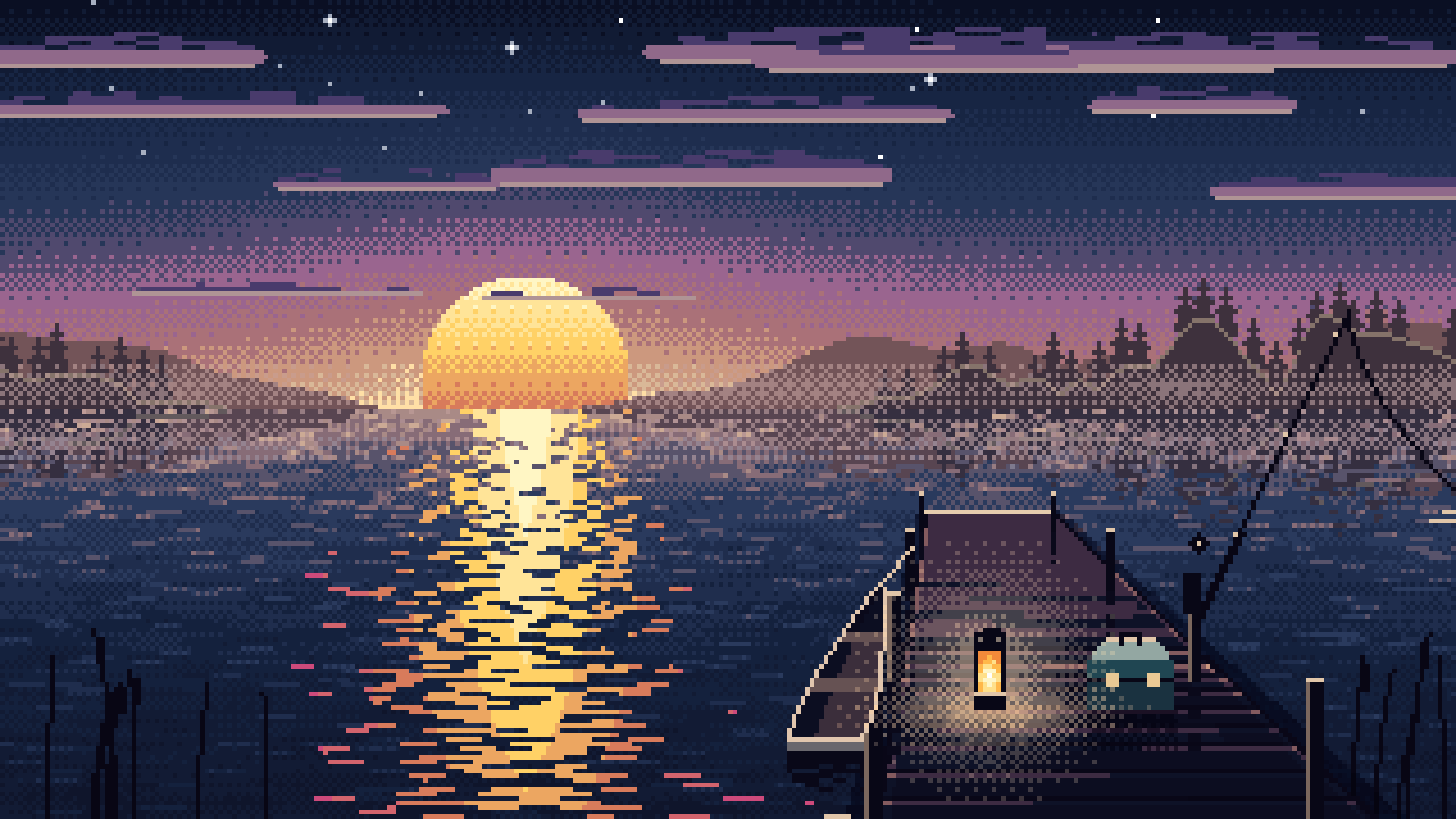Navy Pixel Art Fishing Dock at Sunrise desktop wallpaper in 4K