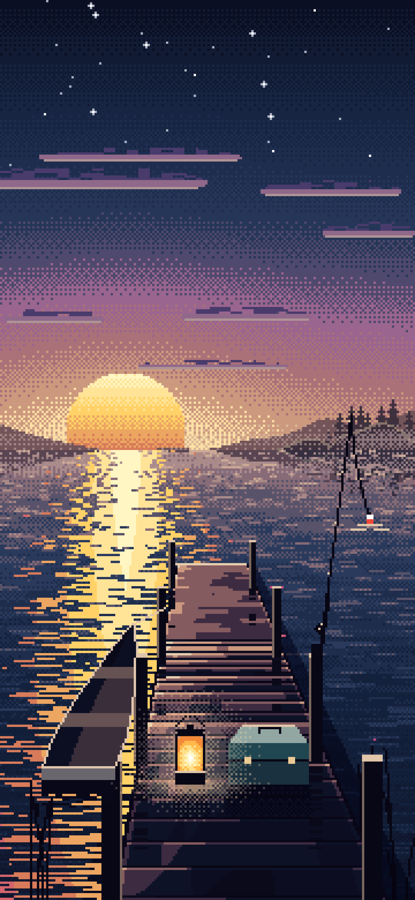 Navy Pixel Art Fishing Dock at Sunrise wallpaper for iPhone and Android