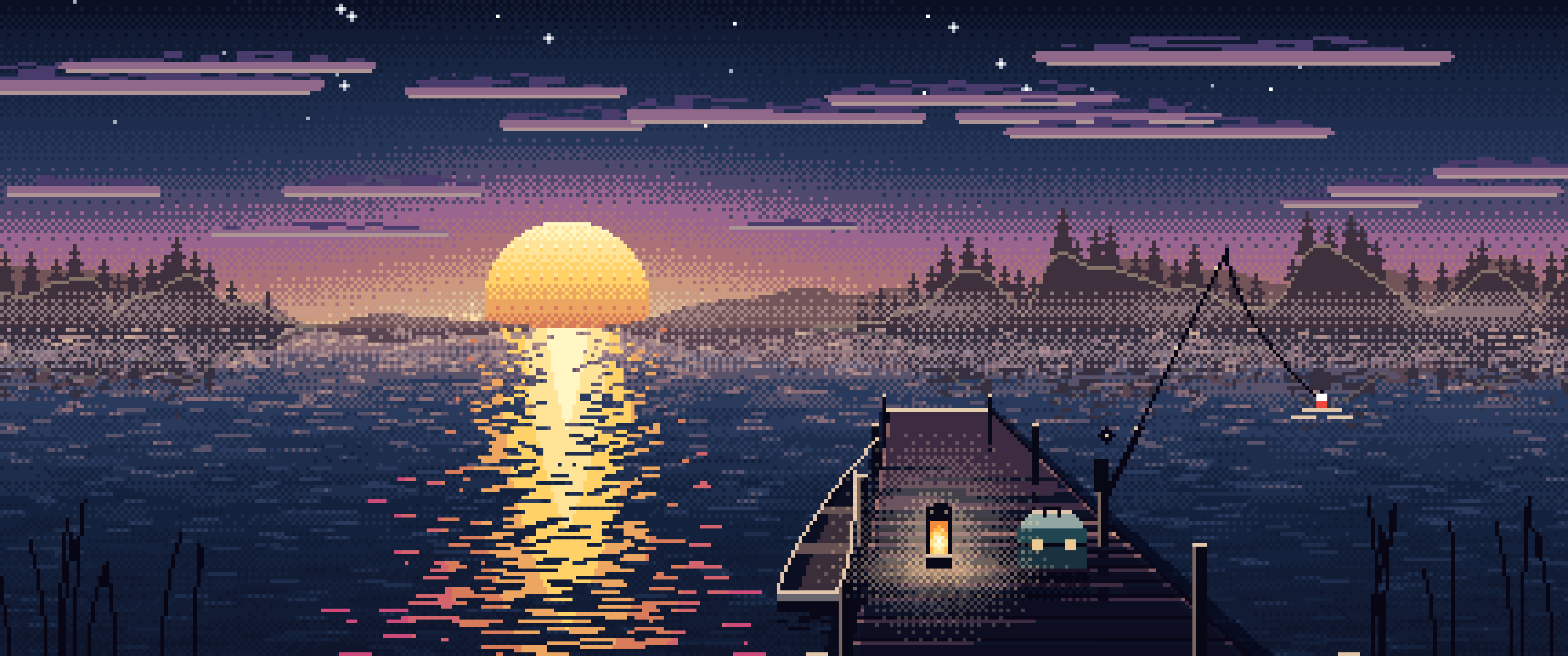 Navy Pixel Art Fishing Dock at Sunrise ultrawide wallpaper, 3440 × 1440