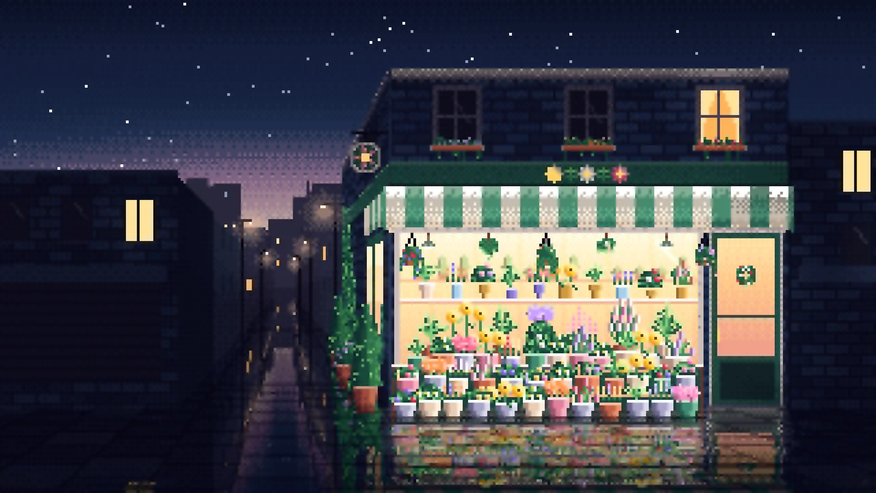 Navy Pixel Art Flower Shop desktop wallpaper in 4K