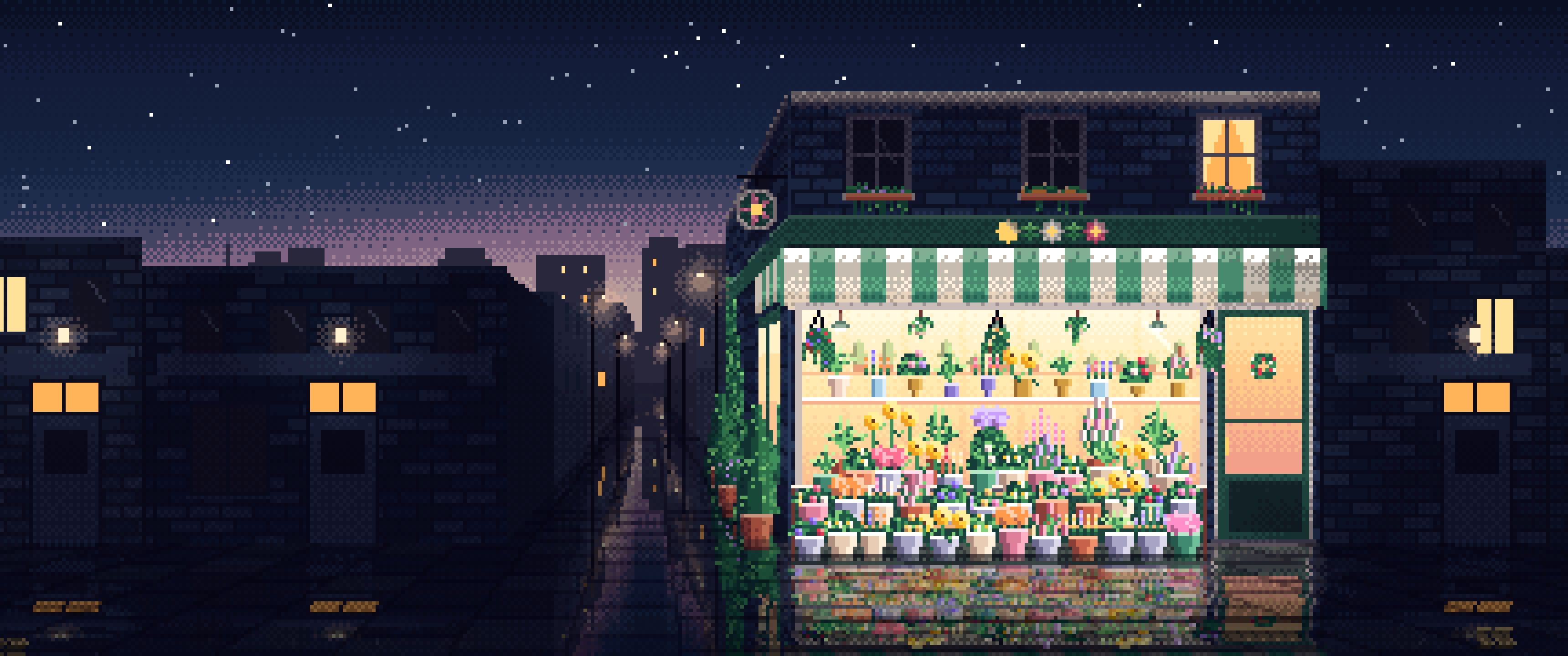 Navy Pixel Art Flower Shop ultrawide wallpaper, 3440 × 1440