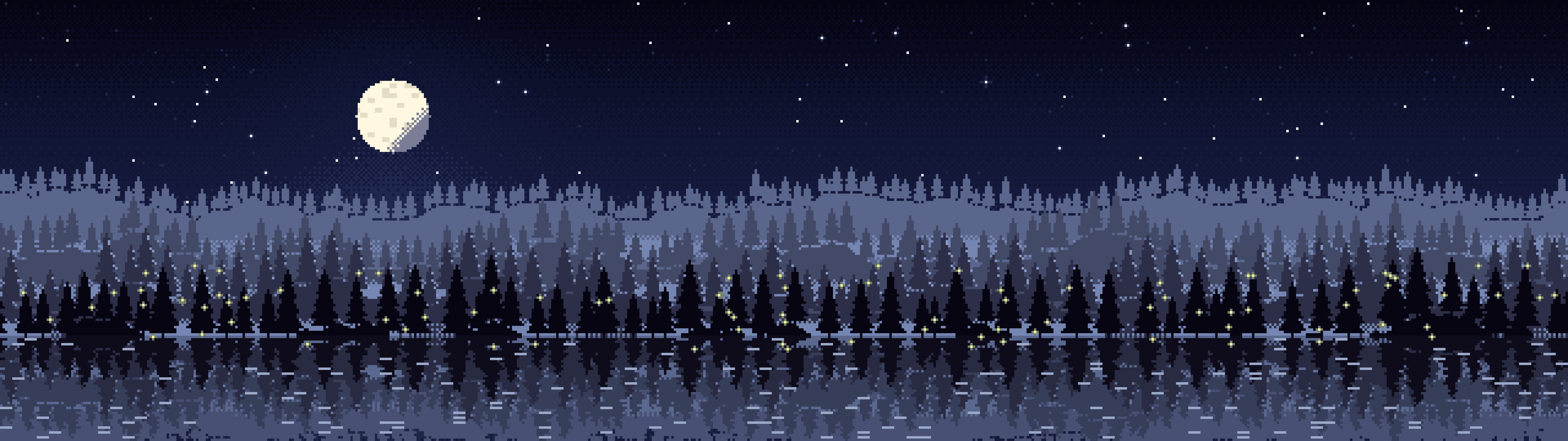 Navy Pixel Art Forest dual monitor wallpaper, 7680 × 2160