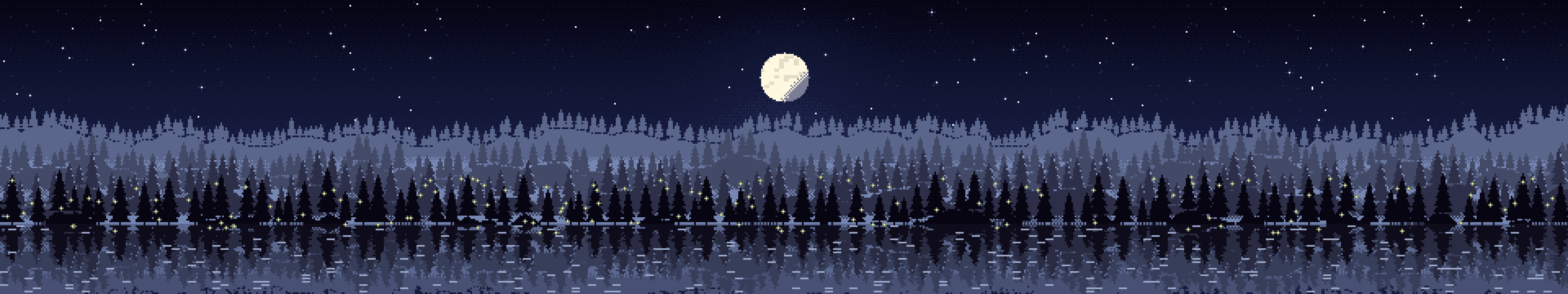 Navy Pixel Art Forest triple monitor wallpaper, 7680 × 1440
