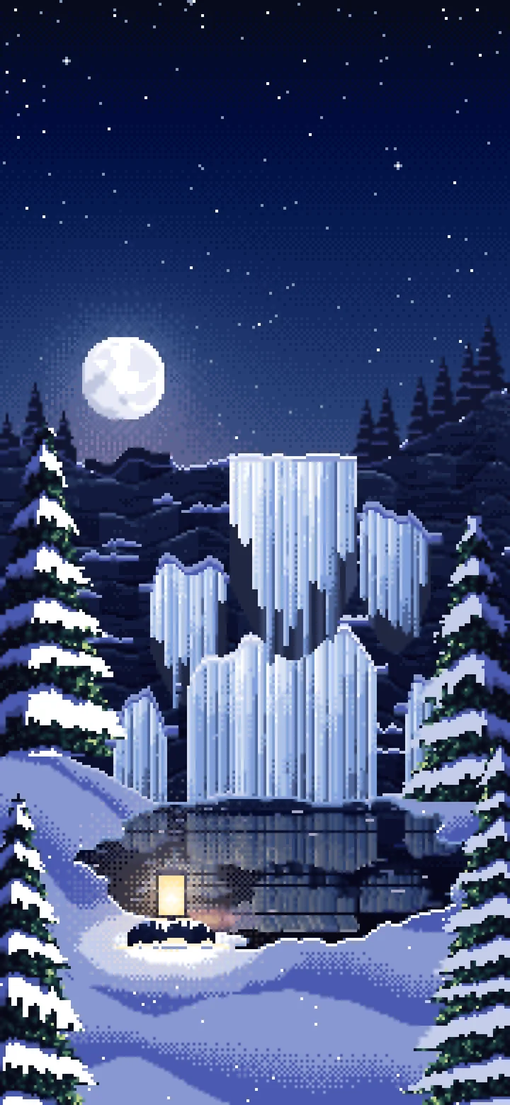 Navy Pixel Art Frozen Waterfall in Moonlight wallpaper for iPhone and Android
