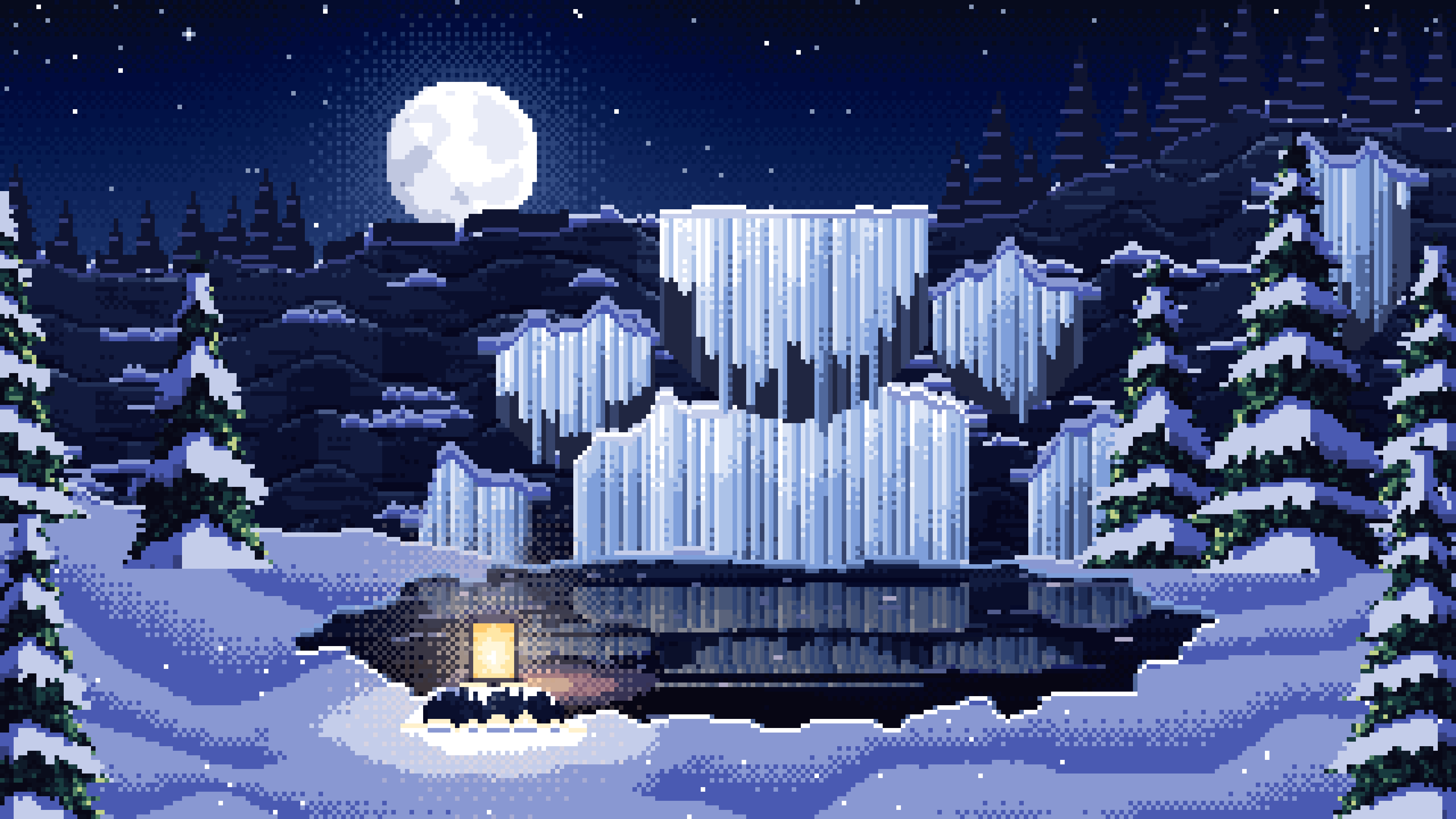 Navy Pixel Art Frozen Waterfall in Moonlight desktop wallpaper in 4K