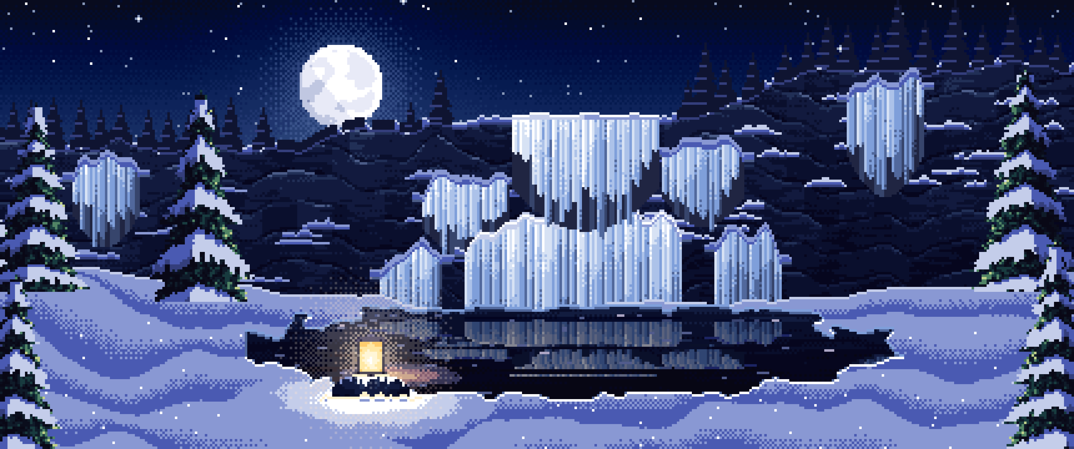 Navy Pixel Art Frozen Waterfall in Moonlight ultrawide wallpaper, 3440 × 1440
