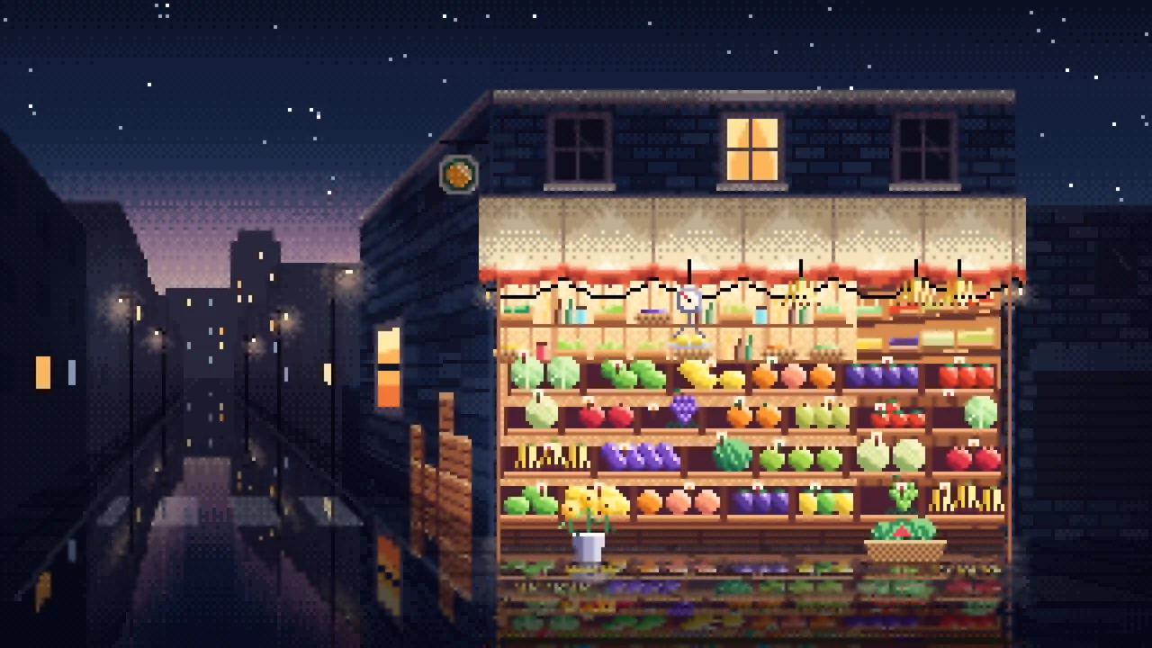 Navy Pixel Art Fruit Stand desktop wallpaper in 4K