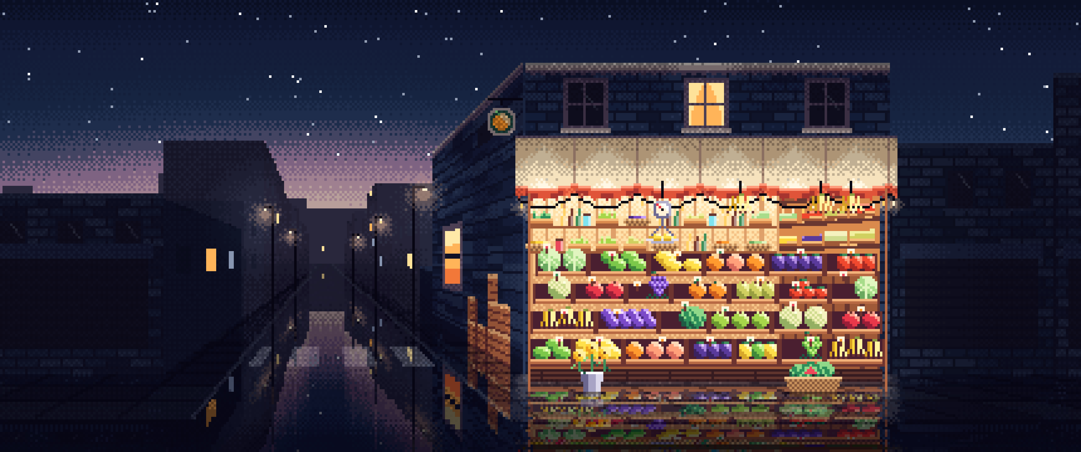 Navy Pixel Art Fruit Stand ultrawide wallpaper, 3440 × 1440